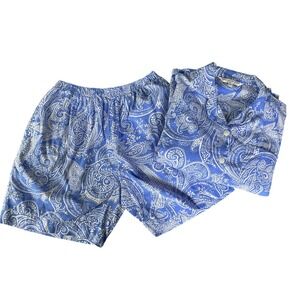Alexander Del Rossa Womens Blue White Paisley Cotton Pajama Set L Short Sleeve